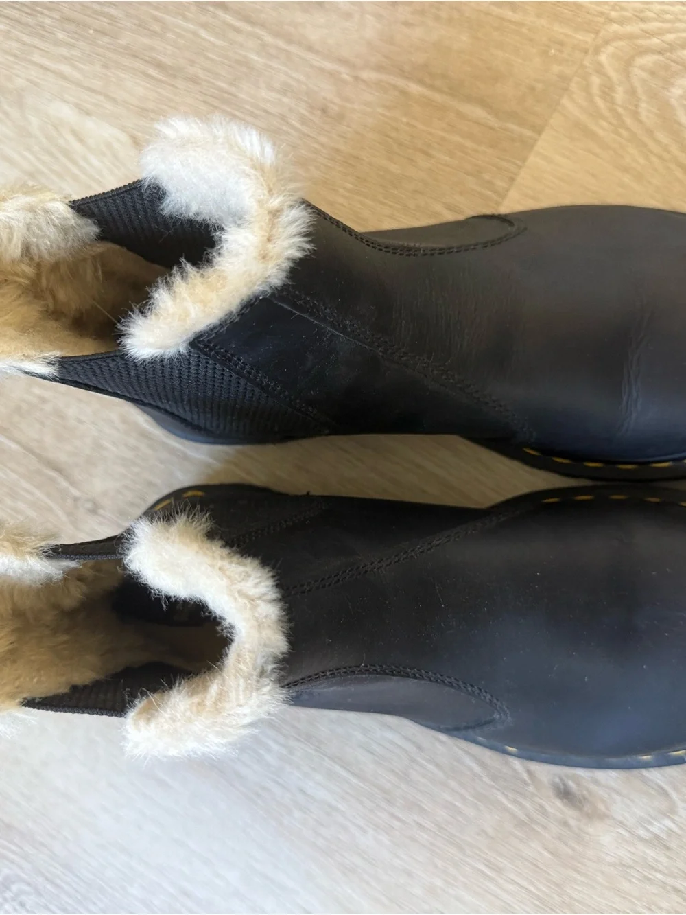 Dr. Martens Black Chelsea Winter Boots with Yellow Stitching and Cream Fur Trim